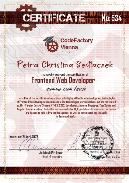 CodeFactory Vienna Frontend Web Developer Certificate (summa cum laude)